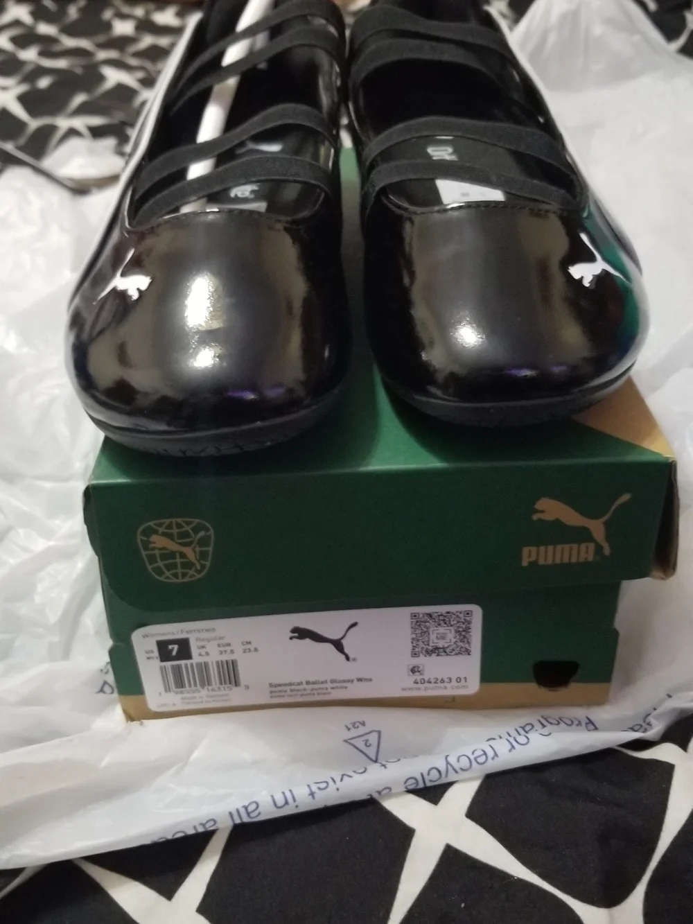 Puma Black Patent Athletic Ballet Sneaker with Purple Accent Stripes